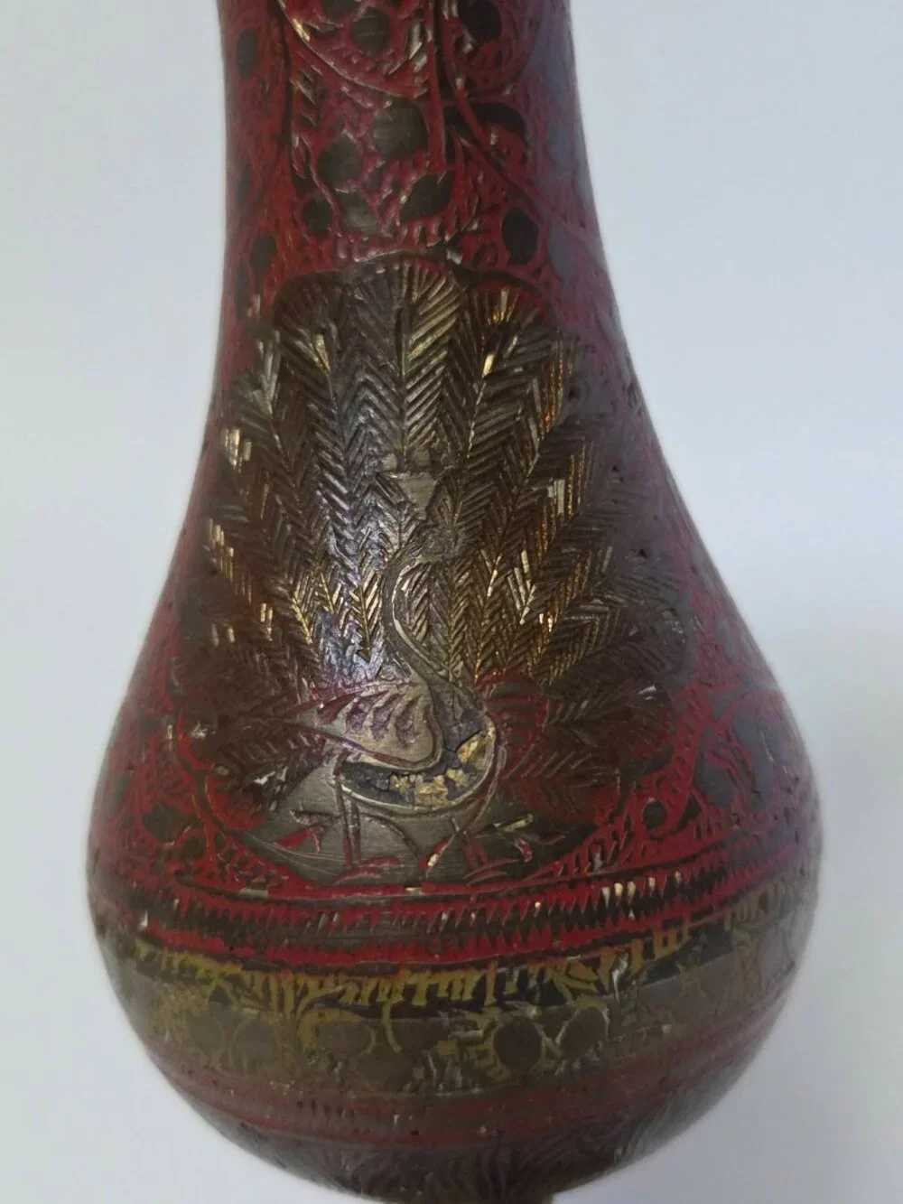 Vintage Enameled Brass Peacock Vase Made in India Hand Etched Red Pedestal Bud
